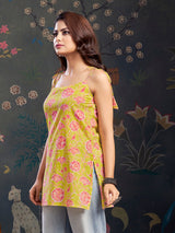 Women's Yellow Color and Pink Floral Print with Tie-Knot Shoulder Short Kurti