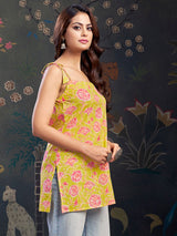 Women's Yellow Color and Pink Floral Print with Tie-Knot Shoulder Short Kurti