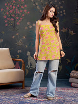Women's Yellow Color and Pink Floral Print with Tie-Knot Shoulder Short Kurti