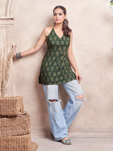 Women's Green Color with Fern Printed Tie Backless Short Kurti