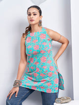 Women's Blue Color Backless with Pink Floral Print Short Kurti