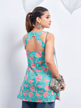 Women's Blue Color Backless with Pink Floral Print Short Kurti