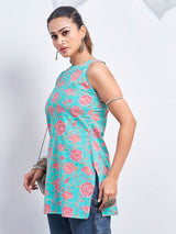 Women's Blue Color Backless with Pink Floral Print Short Kurti