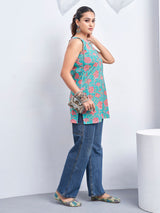 Women's Blue Color Backless with Pink Floral Print Short Kurti