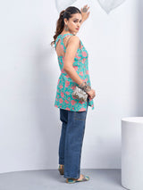 Women's Blue Color Backless with Pink Floral Print Short Kurti