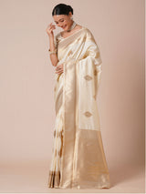 Women's Silk Blend White Woven Design Designer Saree with Blouse Piece