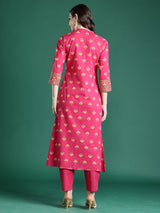 Women's Pink Printed Straight Kurta Trouser Set