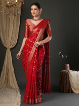 Women's Pure Georgette Red Woven Design Designer Saree With Blouse Piece