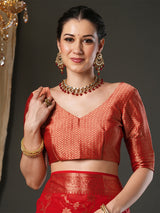 Women's Pure Georgette Red Woven Design Designer Saree With Blouse Piece