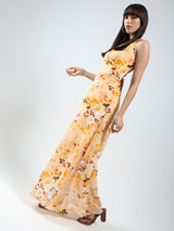 Women's Yellow Backless Floral Maxi A-line Dress