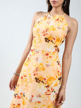 Women's Yellow Backless Floral Maxi A-line Dress