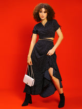 Women's Black Polka Printed V-neck Wrap Top with Flared Skirt