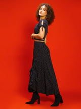 Women's Black Polka Printed V-neck Wrap Top with Flared Skirt
