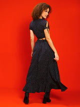 Women's Black Polka Printed V-neck Wrap Top with Flared Skirt