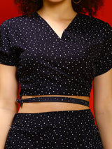 Women's Black Polka Printed V-neck Wrap Top with Flared Skirt