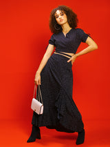 Women's Black Polka Printed V-neck Wrap Top with Flared Skirt