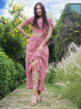 Women's Pink Printed Wrap Top with Skirt