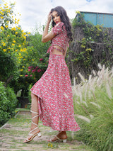 Women's Pink Printed Wrap Top with Skirt