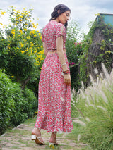 Women's Pink Printed Wrap Top with Skirt