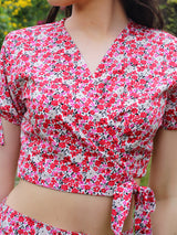 Women's Pink Printed Wrap Top with Skirt