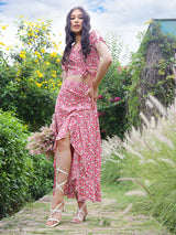 Women's Pink Printed Wrap Top with Skirt