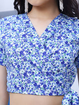 Women's Blue Floral Printed Wrap Top with Skirt