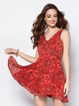 Women's Red Printed Fit & Flare Dress