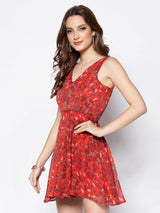 Women's Red Printed Fit & Flare Dress