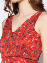 Women's Red Printed Fit & Flare Dress