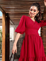 Women's Red Waisted Volume Sleeve Dress