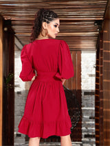 Women's Red Waisted Volume Sleeve Dress