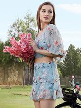 Women's Blue Floral Printed Round Neck Bishop Sleeves Ruffled Casual Crop Top with Skirt