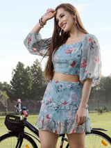 Women's Blue Floral Printed Round Neck Bishop Sleeves Ruffled Casual Crop Top with Skirt