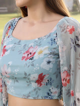 Women's Blue Floral Printed Round Neck Bishop Sleeves Ruffled Casual Crop Top with Skirt