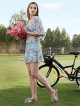 Women's Blue Floral Printed Round Neck Bishop Sleeves Ruffled Casual Crop Top with Skirt