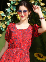 Women's Red Printed Round Neck Fit and Flare Short Sleeves Knee Length Dress
