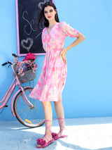 Women's Pink Printed V-neck Fit and Flare Short Sleeves Knee Length Dress
