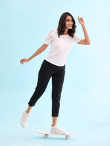 Women's Solid Black Mid Rise Cropped Jegging