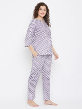 Women's Blue Cotton Printed Three Quarter Sleeves Night Suit