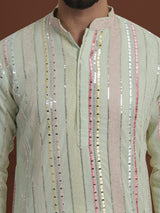 Men's Green Full Sleeves Embroidered Straight Kurta
