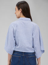 Women's Blue Casual Striped Three Quarter Sleeves Top