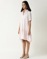 Women's Loaf Pink Shirt Collar Short Sleeves With Pocket Tiered Knee Length Dress
