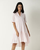 Women's Loaf Pink Shirt Collar Short Sleeves With Pocket Tiered Knee Length Dress