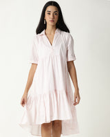 Women's Loaf Pink Shirt Collar Short Sleeves With Pocket Tiered Knee Length Dress