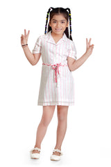 Girls Pink Casual Shirt Collar Above Knee Striped Half Sleeves Dress