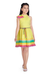 Girls Yellow Party Round Neck Above Knee Striped Sleeveless Dress