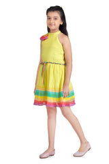 Girls Yellow Party Round Neck Above Knee Striped Sleeveless Dress
