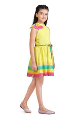 Girls Yellow Party Round Neck Above Knee Striped Sleeveless Dress
