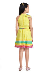 Girls Yellow Party Round Neck Above Knee Striped Sleeveless Dress