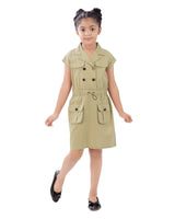 Girls Khaki Casual Shirt Collar Above Knee Solid Half Sleeves Dress